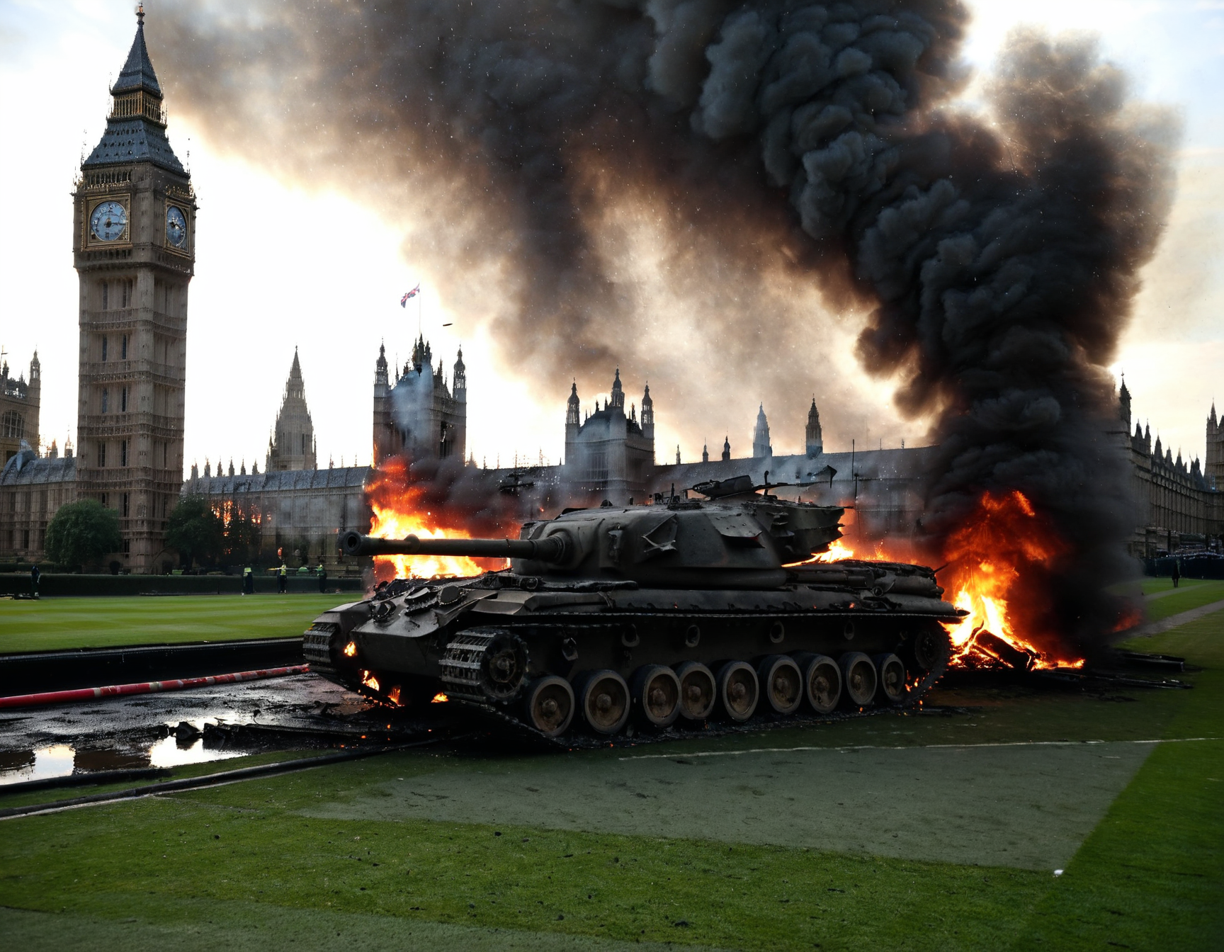 <lora:Check_Military:0.75> macro, detailed, realism, style, photograph
 <lora:Centurion_Tank_SDXL:0.8> cntrntnk militray tank, armored vehicle <lora:RoadWreck_Simulator_sdxl:0.5> 
from the final battle of london, a photo of the burning wreck of a british tank, in front of the houses of parliament, war-torn london,  in the early morning, surrounded by rubble, low angle view, smoke from fires and haze fills the air, the ground is wet from a light rain