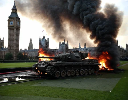 <lora:Check_Military:0.75> macro, detailed, realism, style, photograph
<lora:Centurion_Tank_SDXL:0.8> cntrntnk militray tank, armored vehicle <lora:RoadWreck_Simulator_sdxl:0.5>
from the final battle of london, a photo of the burning wreck of a british tank, in front of the houses of parliament, war-torn london, in the early morning, surrounded by rubble, low angle view, smoke from fires and haze fills the air, the ground is wet from a light rain