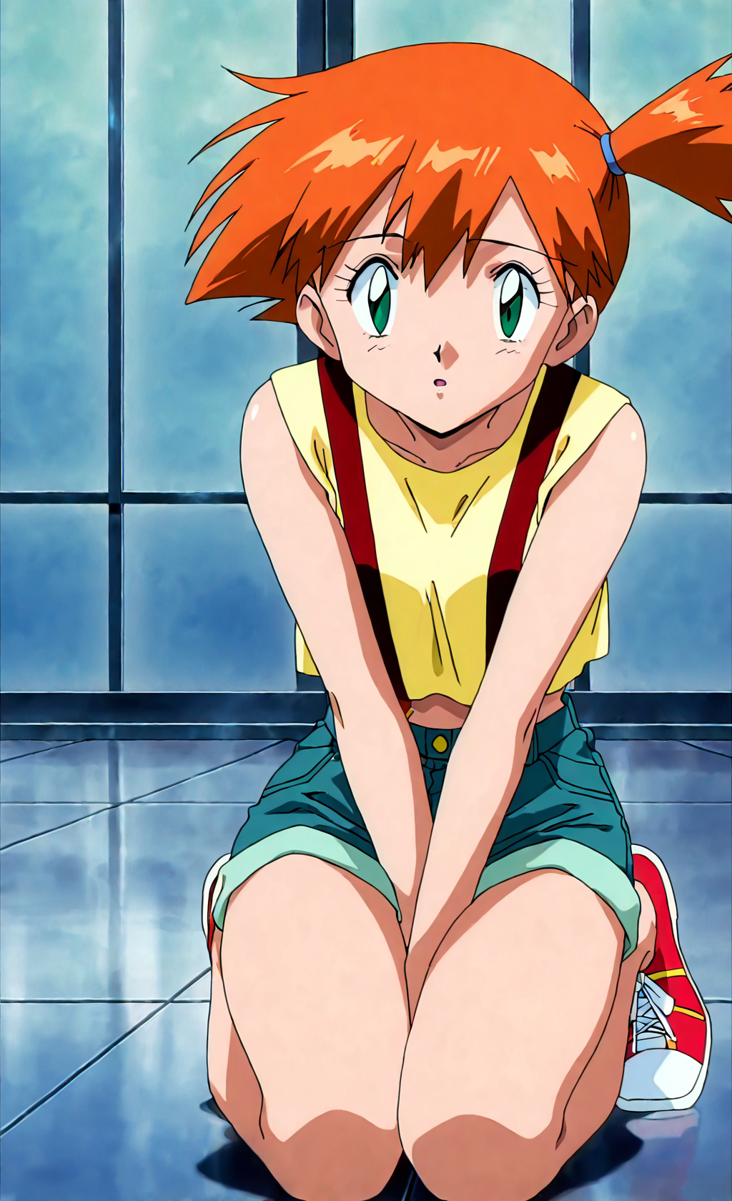 score_9, score_8_up,score_7_up, source_anime, retro artstyle 1990s (style), anime screencap, 1girl, solo, mistypkm, misty, kasumi, pokemon, orange hair, side ponytail, suspenders, shirt, denim, shorts, red shoes, <lora:MistyPkmv2:1>