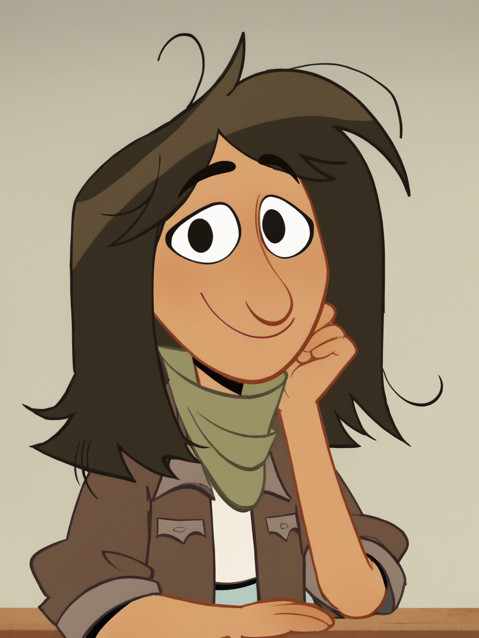 <lora:LeahPony1.0:1> leah, solo, brown hair, 1girl, long hair, black eyes, smile, brown jacket, green scarf, white shirt, smile,portrait,upper body, looking at viewer, score_9, score_8_up, score_7_up, score_6_up, score_5_up, score_4_up