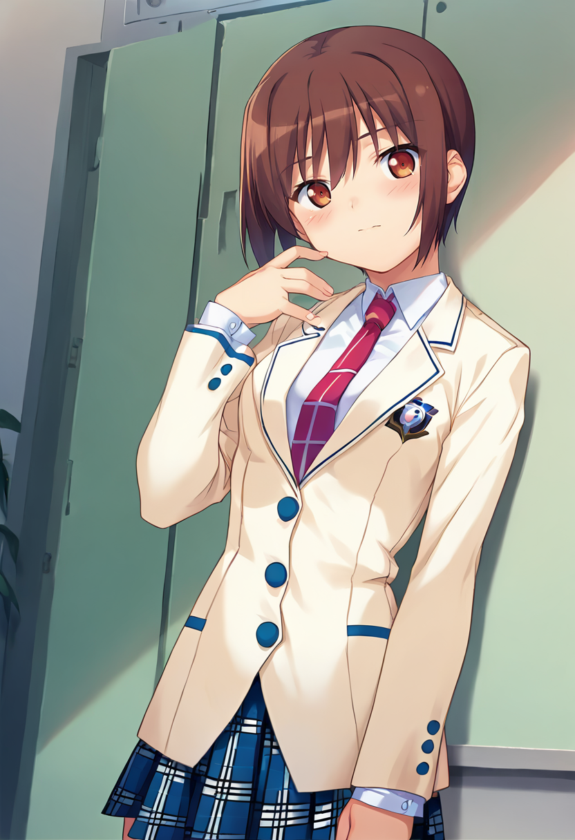 score_9, score_8_up, score_7_up, masterpiece, 1girl, source_anime, 1girl, ct_r1ka, brown eyes, brown hair, short hair, medium breasts, beige blazer, white collared shirt, red necktie, long sleeves, blue plaid skirt, blush, hand up, looking at viewer, indoors, wooden wall, shiny hair, cowboy shot,  <lora:ManabeRika_Pony_ct-000008:0.8>