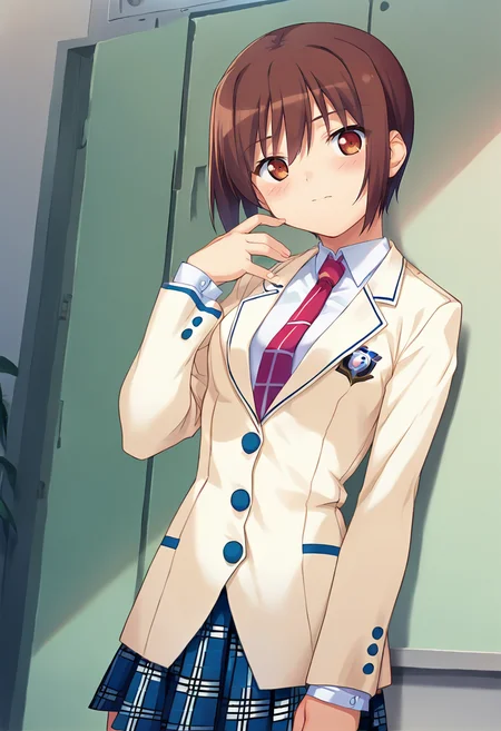 score_9, score_8_up, score_7_up, masterpiece, 1girl, source_anime, 1girl, ct_r1ka, brown eyes, brown hair, short hair, medium breasts, beige blazer, white collared shirt, red necktie, long sleeves, blue plaid skirt, blush, hand up, looking at viewer, indoors, wooden wall, shiny hair, cowboy shot,  <lora:ManabeRika_Pony_ct-000008:0.8>