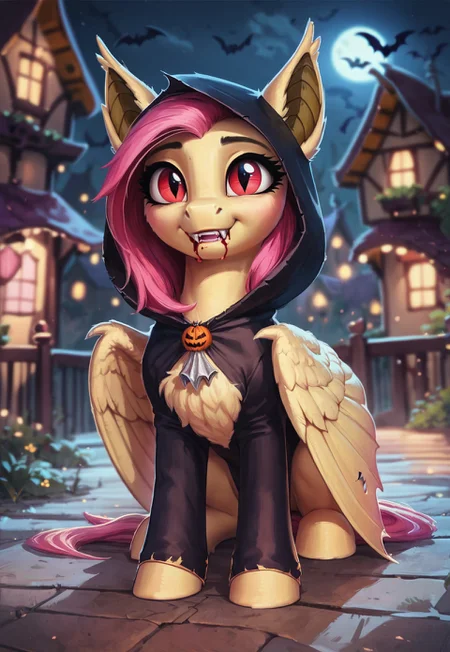 safe_pos, safe_pos, Score_9, score_8_up, score_7_up, flutterbat, pegasus, pony, feral, bat costume, cute, halloween costume, concept art, digital art, realistic, pixelsketcher, cute round face, ponyville, night, halloween, zPDXL3, hood, mouth in blood, smiling