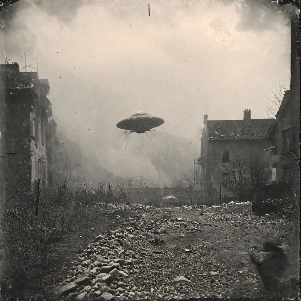 B&W 35mm vintage photo of a UFO in a WW2 picture, destroyed city backdrop