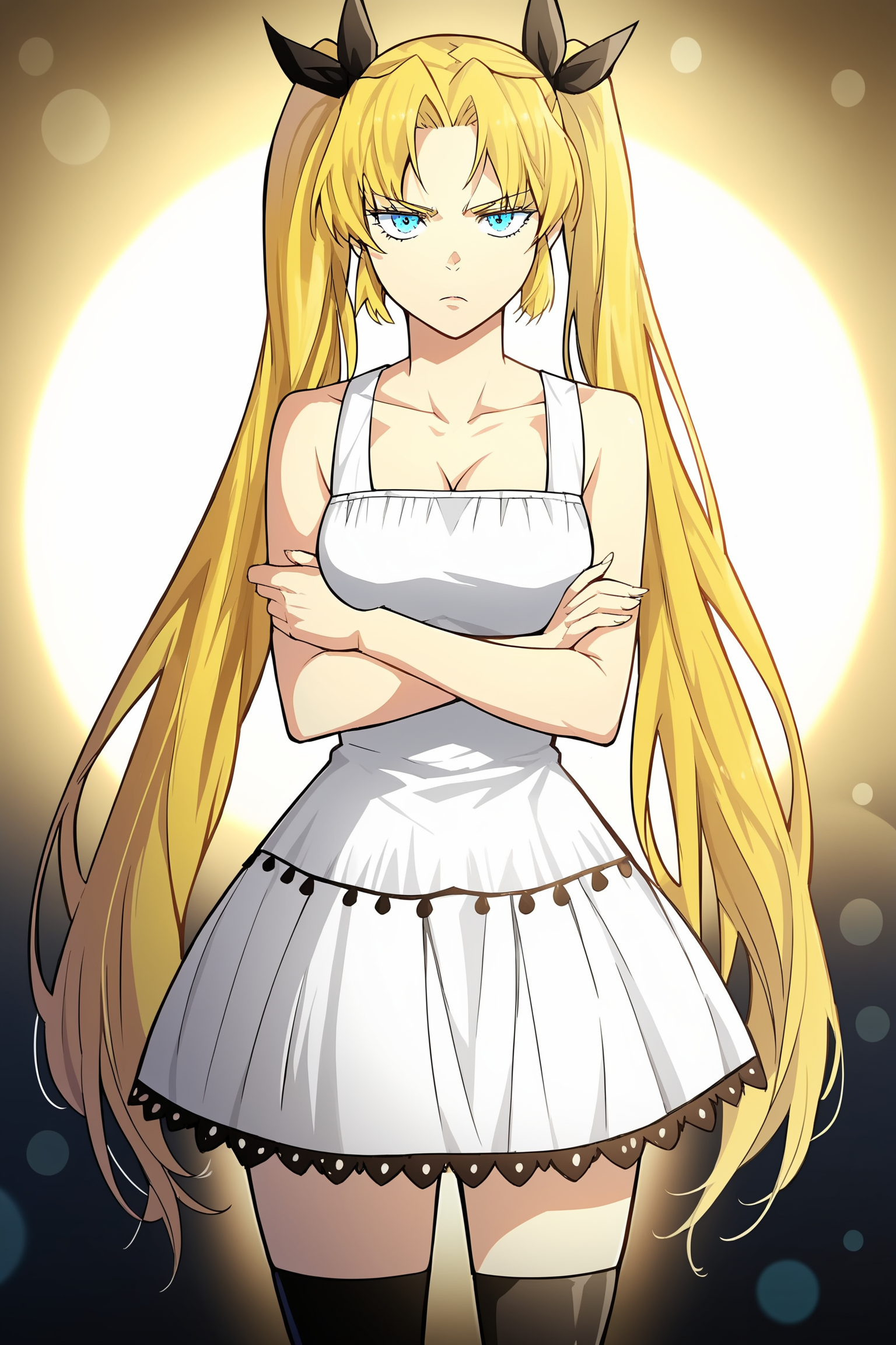 score_9, score_8_up, score_7_up, source_anime, source_anime, detailed background, anime screencap, very aesthetic, absurdres, bokeh, volumetric lighting, 
Lo Po Bia Zahard (character), 1girl, blonde hair, dress, white dress, twintails, crossed arms, long hair, kneehighs, looking at viewer, black socks, solo, blue eyes, pouting, large breasts
 <lora:Lo_Po_Bia_Lilial_Zahard_Tower_of_God_-_Pony:1>