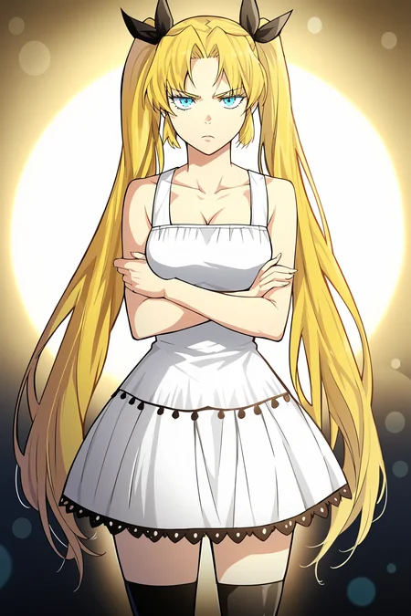 score_9, score_8_up, score_7_up, source_anime, source_anime, detailed background, anime screencap, very aesthetic, absurdres, bokeh, volumetric lighting, 
Lo Po Bia Zahard (character), 1girl, blonde hair, dress, white dress, twintails, crossed arms, long hair, kneehighs, looking at viewer, black socks, solo, blue eyes, pouting, large breasts
 <lora:Lo_Po_Bia_Lilial_Zahard_Tower_of_God_-_Pony:1>