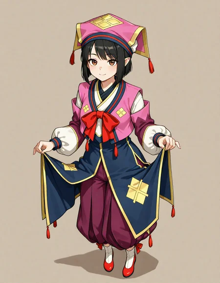 1girl,
very awa, yukumokonaha, brown eyes, black hair, short hair, pointy ears, konahaclothes, pink headwear, pants, purple pants, puffy pants, red bowtie, puffy sleeves, white socks, red shoes, tassel, lifted by self, skirt lift, light smile, looking afar, long skirt, socks, bowtie, short sleeves, juliet sleeves, clothes lift, shoes, layered sleeves, red bow, short over long sleeves, breasts, long sleeve, facing viewer, pink shirt, closed mouth, bow, hat, solo, layered clothes, :d, shirt,
masterpiece, best quality, newest, highres, absurdres, safe, simple background,
<lora:NoobV065sHyperDmd:1> <lora:YukumoKonaha_IXL:1>