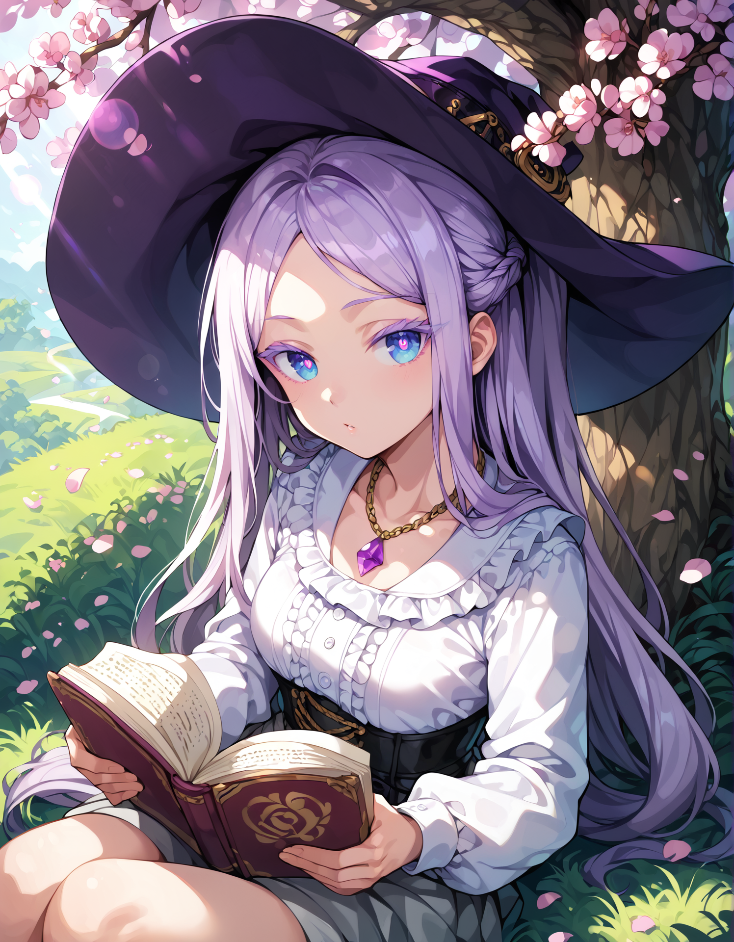 score_9, score_8_up, score_7_up, score_6_up, <lora:hinaPonyRealistic_v5-mbp-rev1:0.7>, hina,  emilie beta, purple headwear, purple hair, blue eyes, bright pupils, ((colored eyelashes, purple eyelashes)), long sleeves, long hair, frills, ponytail, black headwear, white shirt, purple gemstone, necklace, miniskirt, grey skirt, reading under tree, calm expression, open book in lap, cherry blossom petals falling, spring setting, dappled sunlight, soft breeze, shaded grass, serene atmosphere, mid shot , looking at viewer, detailed eyes, gradient eyes, perfect eyes, eye reflections, lens flare,
