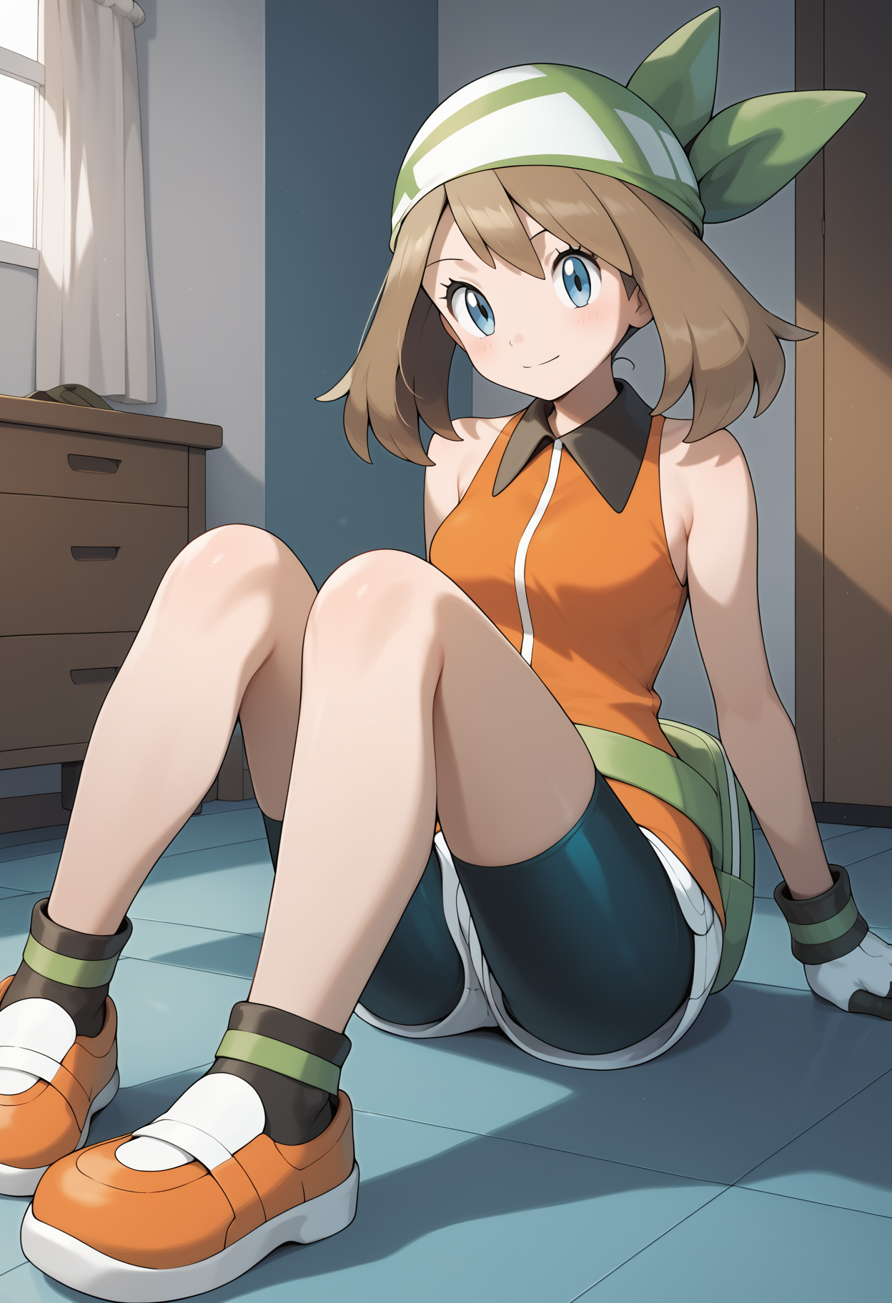 score_9, score_8_up, score_7_up, score_6_up, score_5_up, score_4_up, source_anime, aamay, brown hair, green bandana, blue eyes, breasts, collared dress, sleeveless dress, orange dress, gloves, fanny pack, green belt, shorts under dress, bike shorts, <lora:may_(pokemon)_ponyxl_v1:0.9>, indoors, sitting, on floors, shoes, orange footwear,