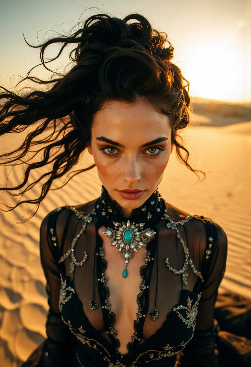 Extreme low-angle shot, 16mm fisheye lens with pronounced barrel distortion, intense motion blur on the subject's hair, shallow f/1.4 depth of field. A woman with piercing emerald green eyes and raven-black hair stands against a backdrop of warm golden sand, wearing a long-sleeved, high-collared, sheer black gown adorned with intricate silver embroidery and a large, ornate, turquoise-encrusted brooch at the throat. Her dark hair is styled in an intricate updo, with a few loose strands framing her heart-shaped face. She gazes directly at the camera with an enigmatic expression, her full lips slightly parted. The scene is bathed in the warm, golden light of a setting sun, casting long shadows behind the subject., B&W<lora:Flux/Wraith_BW_Flux.safetensors:0.25000000000000006:0.25000000000000006> <lora:CustomFlux/MysticRealism.safetensors:0.7500000000000001:0.7500000000000001>