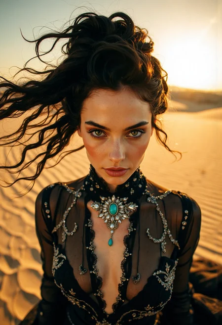 Extreme low-angle shot, 16mm fisheye lens with pronounced barrel distortion, intense motion blur on the subject's hair, shallow f/1.4 depth of field. A woman with piercing emerald green eyes and raven-black hair stands against a backdrop of warm golden sand, wearing a long-sleeved, high-collared, sheer black gown adorned with intricate silver embroidery and a large, ornate, turquoise-encrusted brooch at the throat. Her dark hair is styled in an intricate updo, with a few loose strands framing her heart-shaped face. She gazes directly at the camera with an enigmatic expression, her full lips slightly parted. The scene is bathed in the warm, golden light of a setting sun, casting long shadows behind the subject., B&W<lora:Flux/Wraith_BW_Flux.safetensors:0.25000000000000006:0.25000000000000006> <lora:CustomFlux/MysticRealism.safetensors:0.7500000000000001:0.7500000000000001>