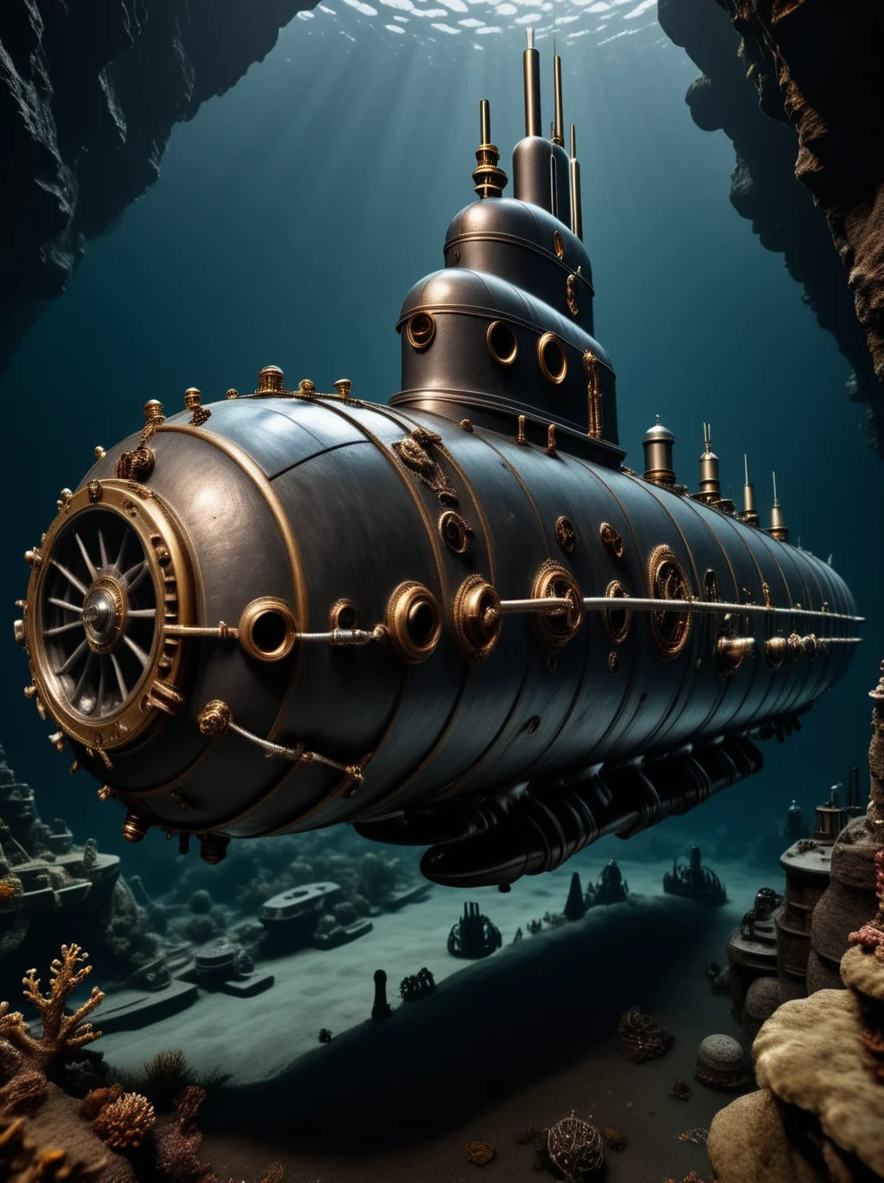 photo focus on science fiction solo focus, underwater outdoors, realistic scenery, (steampunk spacecraft submarine), <lora:Nautilus:.85>, nautilus-style. very wide shot, rocky cliff seabed, dark, steel theme, film, professional, 4k, highly detailed, grit, (rust:0.65), cracks, cracked surface, subtle messy, dust, weary, edges rusty dusty, surface scratches, peeled sun bleeched paint, smudges, crumbles, rugged, used