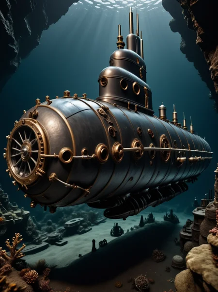 photo focus on science fiction solo focus, underwater outdoors, realistic scenery, (steampunk spacecraft submarine), <lora:Nautilus:.85>, nautilus-style. very wide shot, rocky cliff seabed, dark, steel theme, film, professional, 4k, highly detailed, grit, (rust:0.65), cracks, cracked surface, subtle messy, dust, weary, edges rusty dusty, surface scratches, peeled sun bleeched paint, smudges, crumbles, rugged, used