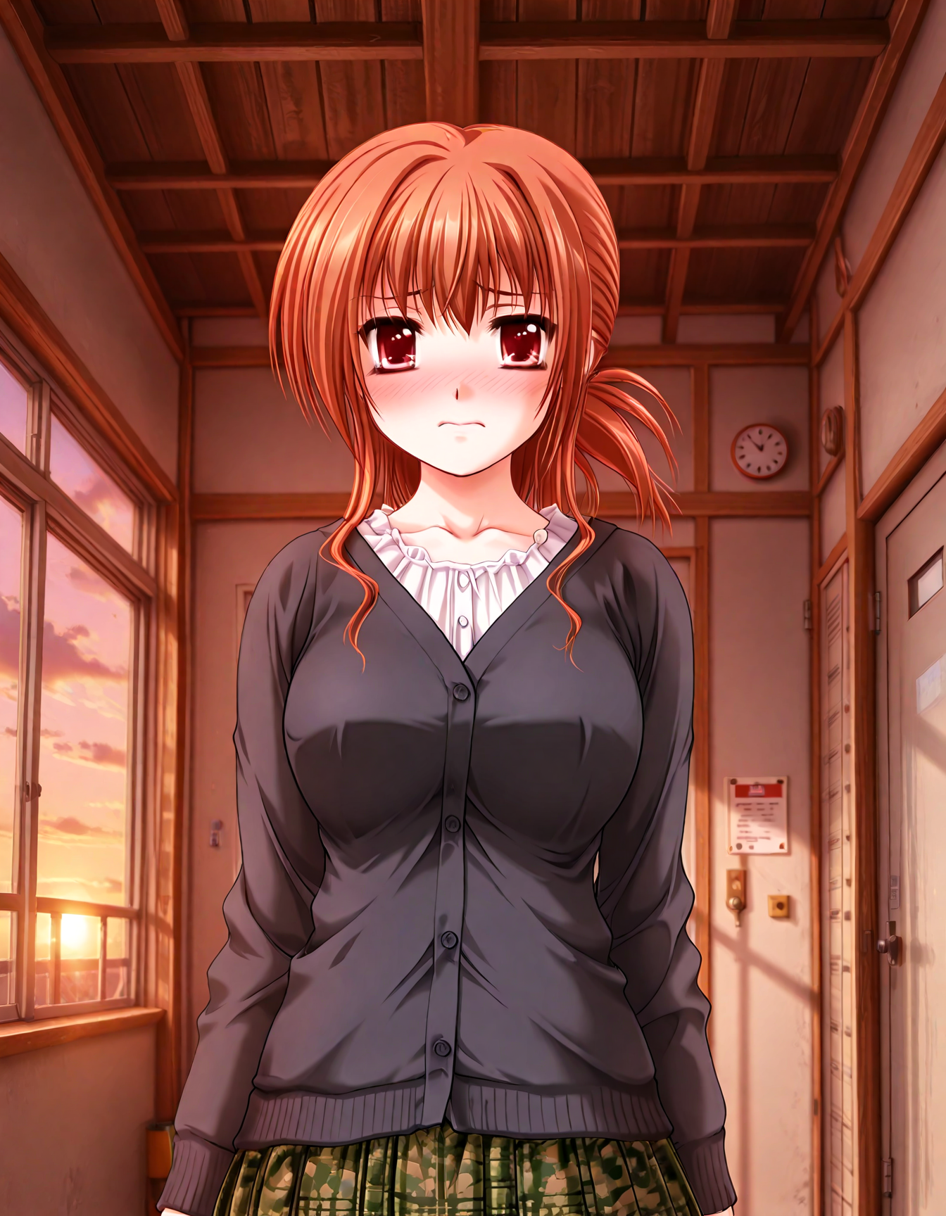 (1girl, solo:1.3), (2girls, 3girls, 4girls, multiple girls, 2boys, 3boys, 4boys, multiple boys:-1.5) <lora:Kazuyagi_Akane_Gore_Screaming_Show_Illustrious:0.9>, Kazuyagi_Akane, large breasts, red eyes, brown eyes, brown hair, long hair, low ponytail, cardigan, black cardigan, long sleeves, blouse, white blouse, green skirt, camouflage, white legwear, embarrassed, (half-closed eyes:0.7), general, contrapposto, dynamic pose, , upper body, straight-on, from below, dutch angle, (close-up, face focus:1.2), indoors, school, school hallway, corridor, lockers, window, outdoor view, (curtains:-1.0), <lora:NOOB_EPSv1_1_detailer_by_vlnvk_v1_0:1.5>, (photo background:0.7), evening, (tachibana yuu:0.6), inue shinsuke, (kazuma muramasa:0.0), saikawa yusa, (aoi manabu:0.6), abarerumidori, (suzui narumi:0.6), masterpiece, newest, absurdres, 8K, anime screenshot, anime coloring, flat color, official art, film grain, <lora:illustriousXLv01_stabilizer_v1.185c:0.7>, <lora:LECO_Solo:-4.0>,