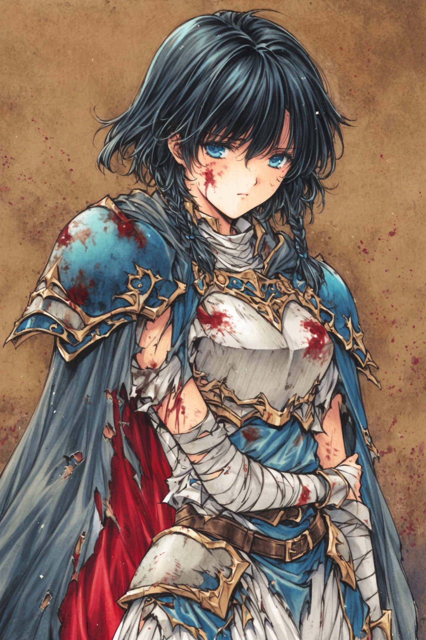 solo,1girl,blue eyes,blood,armor,braid,torn clothes,short hair,black hair,injury,bandages,twin braids,cape,traditional media,<lora:MIN-NARAKEN_XL:0.8>,