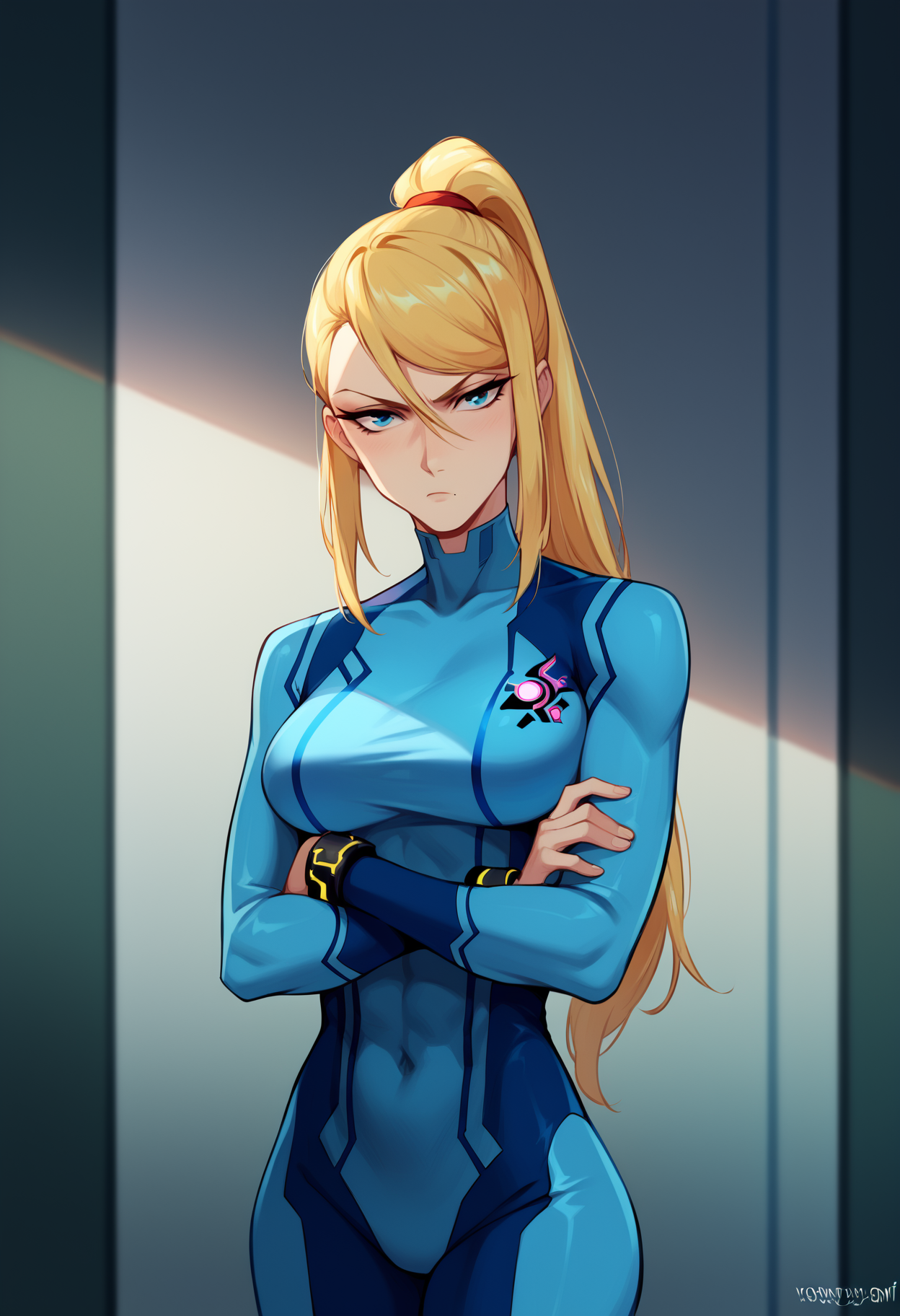 indoors, dark environment
<lora:h-oni:1> h-oni
samus_aran, blue bodysuit, blonde hair, blue eyes, ponytail
crossed arms, looking at viewer, serious, zPDXL2, <lora:Expressive_H:0.4> expressiveh, <lora:PerfectEyesXL:1> perfecteyes, score_9, score_8_up, score_7_up, score_6_up, score_5_up, anime, anime style,