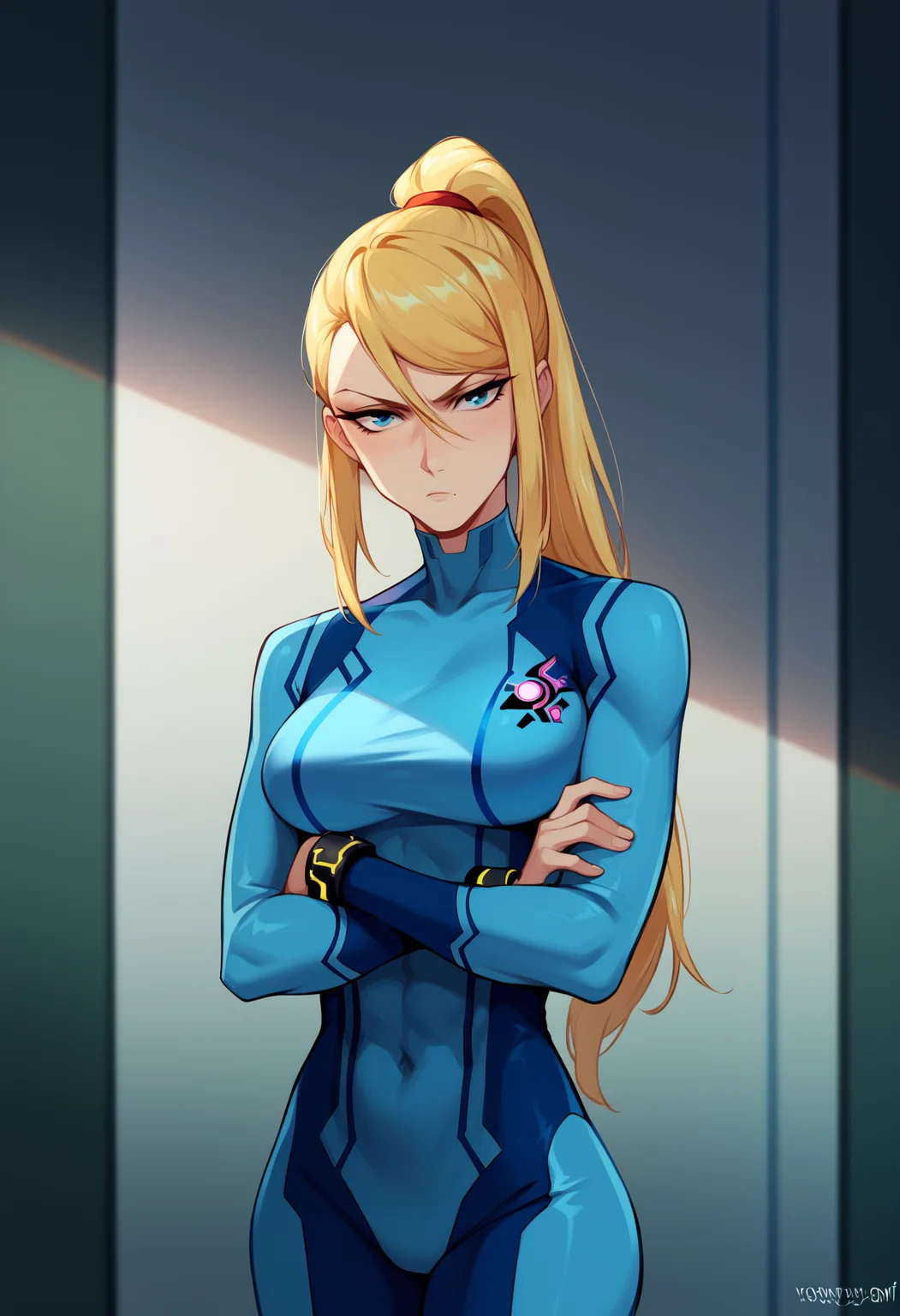 indoors, dark environment
<lora:h-oni:1> h-oni
samus_aran, blue bodysuit, blonde hair, blue eyes, ponytail
crossed arms, looking at viewer, serious, zPDXL2, <lora:Expressive_H:0.4> expressiveh, <lora:PerfectEyesXL:1> perfecteyes, score_9, score_8_up, score_7_up, score_6_up, score_5_up, anime, anime style,