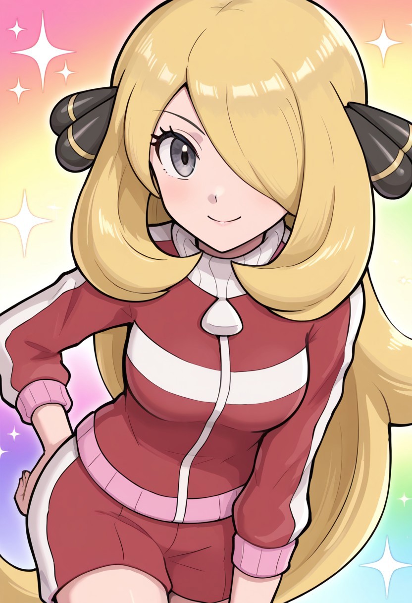 hinosaki, [[pokemoa, gonzarez]]2d, masterpiece, best quality, amazing quality, 1girl, solo, close-up, standing, smile, upper body, leaning_forward, looking at viewer, multicolored background, sparkle, rainbow background, colorful background, cynthia \(pokemon\), grey eyes, blonde hair, long hair, hair over one eye, track jacket, red jacket, zipper pull tab, long sleevees, red shorts