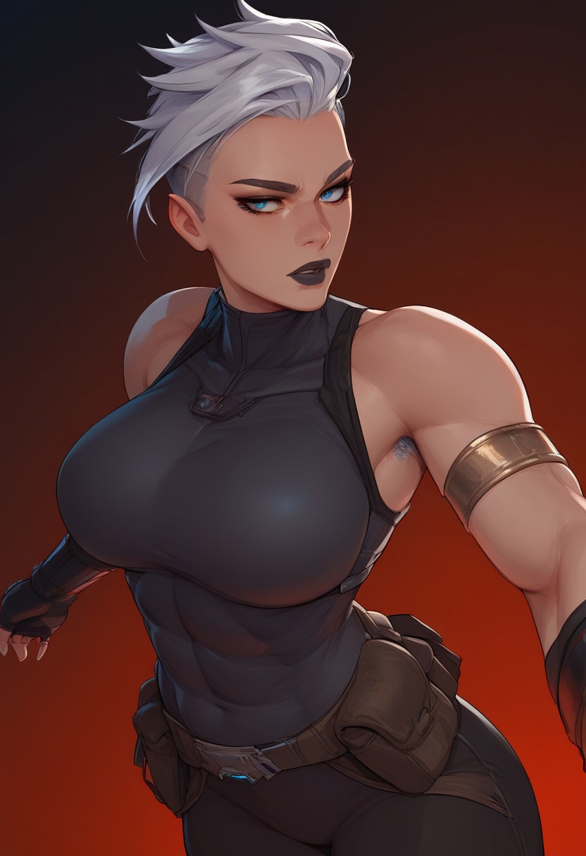 masterpiece,best quality, highly detailed, score_9, score_8_up, score_7_up, Expressiveh, girl, short white hair, undercut, slicked back hair, dynamic pose, side light, blue eyes, black lips, p(athletic body:1.5), (beautiful breasts:1.5), tomboy, wide hips, toned female, thick lips, armor, vambraces, fingerless gloves, black top, black pants, belt pouch, sleeveless, armlet, bare shoulders, black gloves, bracer, unique angle, unique perspective, dramatic angle, red glowing background, Rim light,