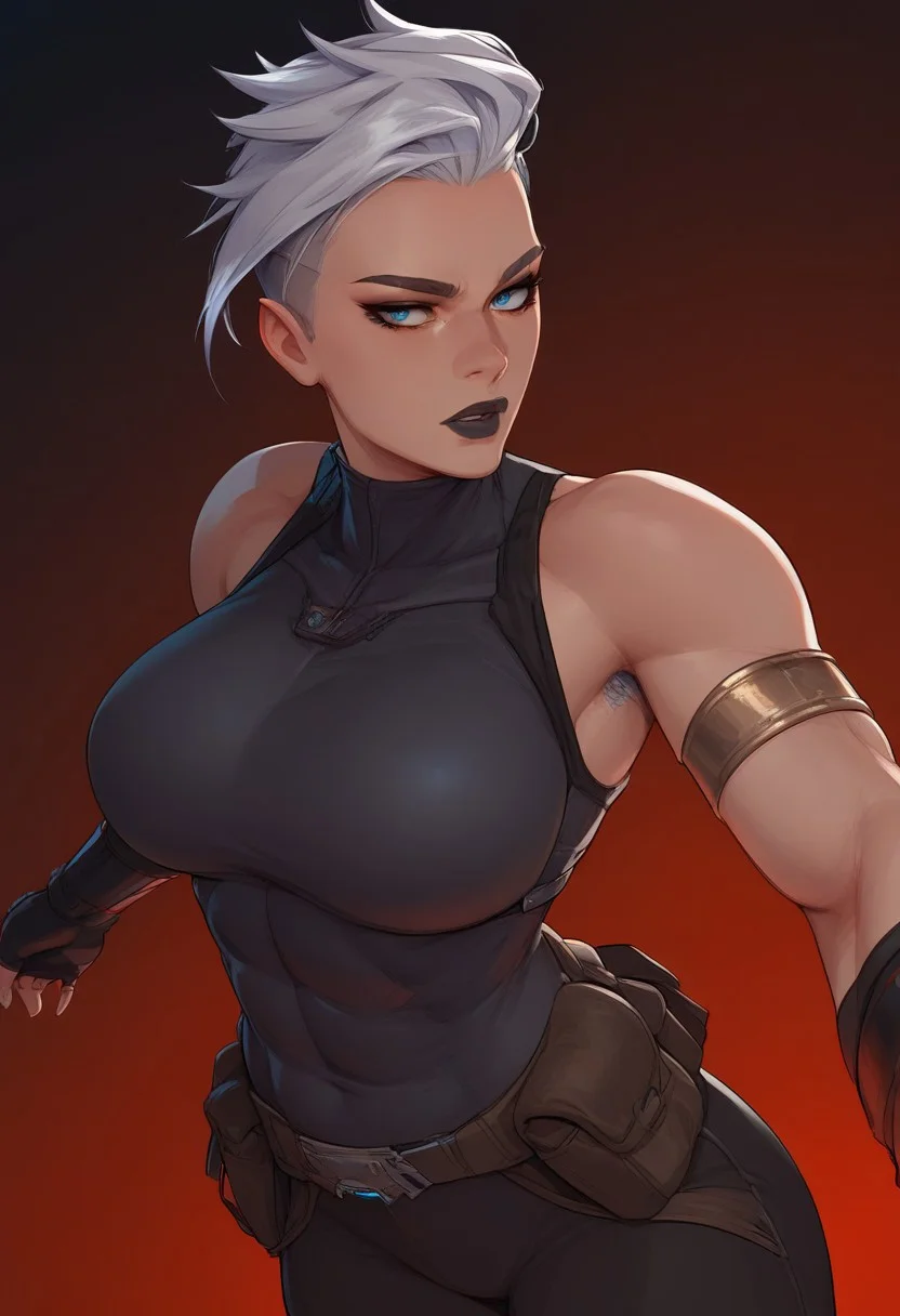 masterpiece,best quality, highly detailed, score_9, score_8_up, score_7_up, Expressiveh, girl, short white hair, undercut, slicked back hair, dynamic pose, side light, blue eyes, black lips, p(athletic body:1.5), (beautiful breasts:1.5), tomboy, wide hips, toned female, thick lips, armor, vambraces, fingerless gloves, black top, black pants, belt pouch, sleeveless, armlet, bare shoulders, black gloves, bracer, unique angle, unique perspective, dramatic angle, red glowing background, Rim light,