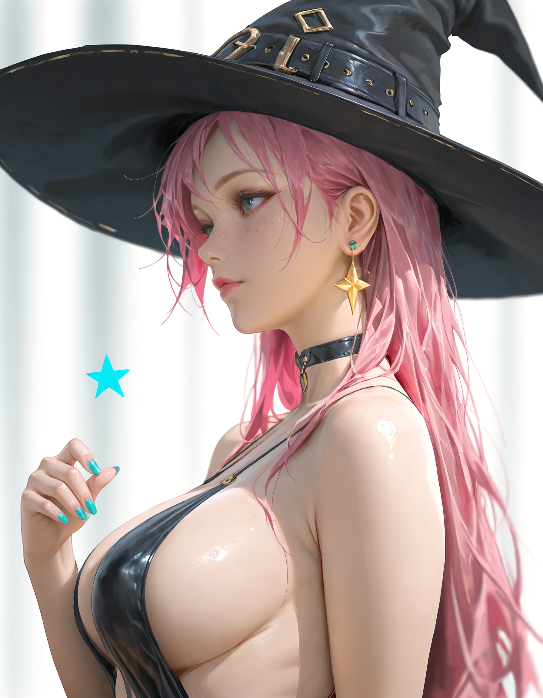 high quality, score_9, score_8_up, source_7_up, very aesthetic, high resolution, newest, depth of field, volumetric lighting, (masterpiece, best quality, ultra-detailed, High detailed), beautiful faces, more detail XL, absurdres,masterpiece,best quality,amazing quality, masterpiece,best quality,amazing quality, 8k, 
BREAK  <lora:vergilhoo_style-20:0.8> vergilhoo_style, 1girl, solo, long hair, breasts, large breasts, hat, closed mouth, jewelry, pink hair, heart, earrings, choker, nail polish, star (symbol), from side, fingernails, lips, black headwear, black choker, sideboob, witch hat, blue nails, freckles, nose, purple nails, realistic, witch, green nails, star earrings, aqua nails