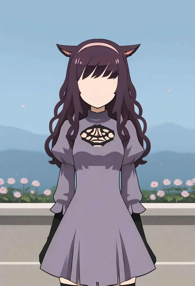MinimalStyle, simple, faceless female, beautiful, extremely detailed, vector, headshot,  no2 type b dress, source_anime, newest, 1girl, solo, dress, thighhighs, outdoors, cat ears, miqo'te, purple hair, curly hair, long hair, hairband,  puffy sleeves, purple dress, standing, portrait,  gloves, BREAK PonyXLV6_Scores
