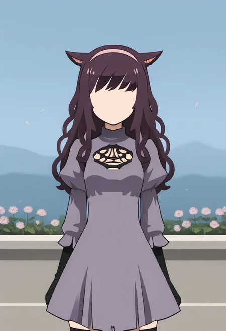 MinimalStyle, simple, faceless female, beautiful, extremely detailed, vector, headshot, no2 type b dress, source_anime, newest, 1girl, solo, dress, thighhighs, outdoors, cat ears, miqo'te, purple hair, curly hair, long hair, hairband, puffy sleeves, purple dress, standing, portrait, gloves, BREAK PonyXLV6_Scores