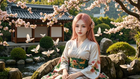 A 20-year-old girl with long pink hair styled in soft waves,dressed in a silver kimono embroidered with pink sakura and golden cranes,sitting calmly by a koi pond in a traditional Japanese garden. Cherry blossoms falling around her,traditional pagoda visible in the background,soft sunlight filters through the branches,fantasy realism style,soft-focus edges,ultra high-definition.,<lora:yuukananri-base-02-flux:0.8>,yuukananri,she has a slender physique and a petite build,<lora:aidmaMJ6.1v0.4:0.6>,aidmaMJ6.1,