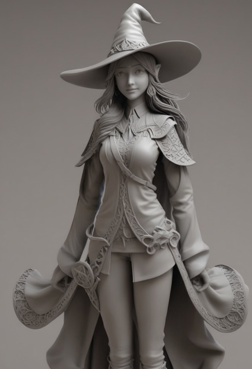 whitemold,3d printed mold,art style,greyscale,monochrome, score_9, score_8_up, score_7_up, score_6_up, PRSNL, 1girl, solo, brown hair, brown eyes, parted bangs, long hair, large breasts, witch hat, black sweater, red apron, black pants, looking at you, smile, indoors, hat over one eye. close-up portrait, chain, belt, rkinsti1, 1girl, indian, woman, female, lady, fully dressed.