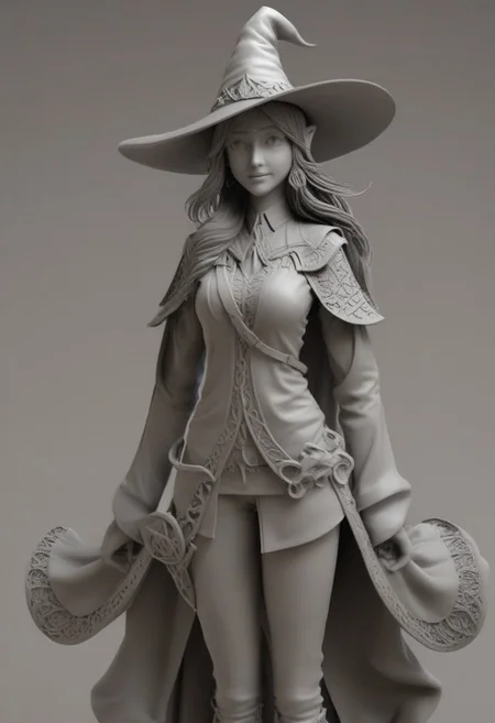 whitemold,3d printed mold,art style,greyscale,monochrome, score_9, score_8_up, score_7_up, score_6_up, PRSNL, 1girl, solo, brown hair, brown eyes, parted bangs, long hair, large breasts, witch hat, black sweater, red apron, black pants, looking at you, smile, indoors, hat over one eye. close-up portrait, chain, belt, rkinsti1, 1girl, indian, woman, female, lady, fully dressed.