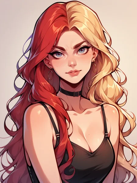 score_9, score_8_up, score_7_up, score_6_up, score_5_up, <lora:spl1th41rXLP:1> spl1th41r, two tone hair, 1girl, long hair, red blonde hair