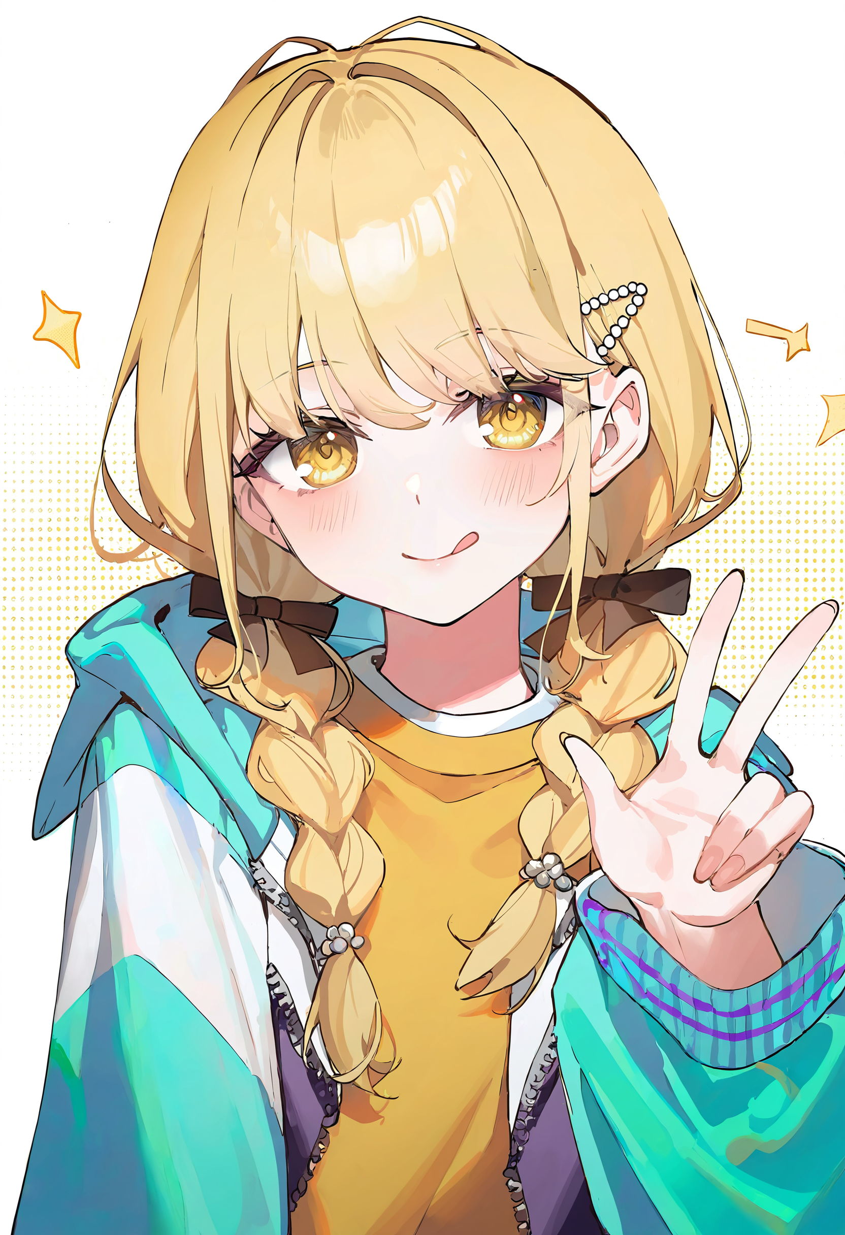 1girl,fujita kotone,solo,twin braids,blonde hair,braid,tongue,tongue out,yellow shirt,jacket,yellow eyes,shirt,long hair,looking at viewer,long sleeves,upper body,w,open clothes,open jacket,halftone,hair ornament,signature,twintails,v,aqua jacket,smile,:q,blush,closed mouth,hood,
(toosaka asagi:1.1025),(ningen mame:0.907),(ciloranko:0.9524),sho \(sho lwlw\),(tianliang duohe fangdongye:0.8638),(rhasta:0.907),
masterpiece,year 2024,newest,highres,absurdres,