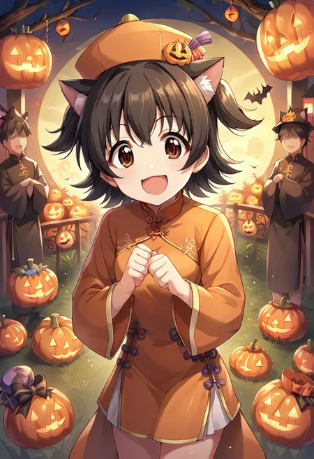 score_9, score_8_up, score_7_up, source_anime,akagi miria, short hair, black hair, brown eyes, two side up, 1girl, halloween, hat, smile, chinese clothes, jack-o'-lantern, animal ears, open mouth, solo focus, cat ears