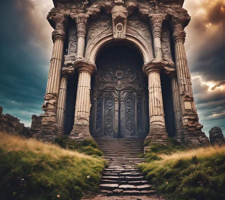 RAW photo, (masterpiece:1.3), subsurface scattering, heavy shadow, (high quality:1.4), (intricate, high detail:1.2), professional photography, HDR, High Dynamic Range, realistic, ultra realistic, photorealistic, high resolution, film photography, ambient lighting, atmospheric effects, <lora:detail_slider_v4:2>, OverallDetail, column, grass, no humans, outdoors, portal, ruins, scenery, sky, stairs, tree, <lora:Portal:1> , epiCPhoto
