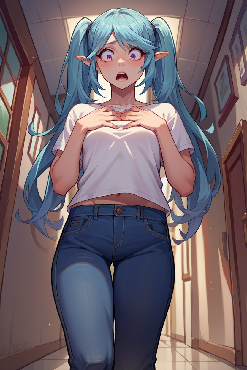 score_9, score_8_up, score_7_up, score_6_up, source_anime, 1girl, solo,  <lora:epsilon-pdxl-nvwls-v1-000008:1> epsilon, pointy ears, twintails, white t-shirt, shocked, small breasts, looking down, hands to own chest, jeans, hallway