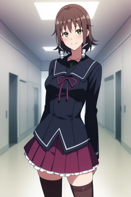 yukizome kukuri, green eyes, brown hair, short hair, school uniform, black uniform, serafuku, purple pleated skirt, black kneehighs, zettai ryouiki, loafers, <lora:Yukizome_Kukuri:0.8>, score_9, score_8_up, score_7_up, score_6_up, score_5_up, source_anime, rating_safe, smile:1, (blush:1.5), (full body:1), medium breasts, indoors, study room, 1girl, solo, looking at viewer, <lora:age_slider_v4:3>,