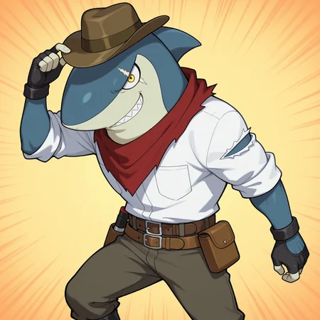 Indyjaws, 2d, 1boy, solo, male, shark, blue skin, shark fin, sharp teeth, two tone skin, eye scar, white sclera, yellow eyes, cowboy hat, black fingerless gloves, red neckerchief, white shirt, black boots, pants, brown belt,
BREAK Yellow Abstract background, cool pose, (upper body focus), smirk, looking at viewer, best quality, amazing quality, very aesthetic, absurdres, newest, masterpiece