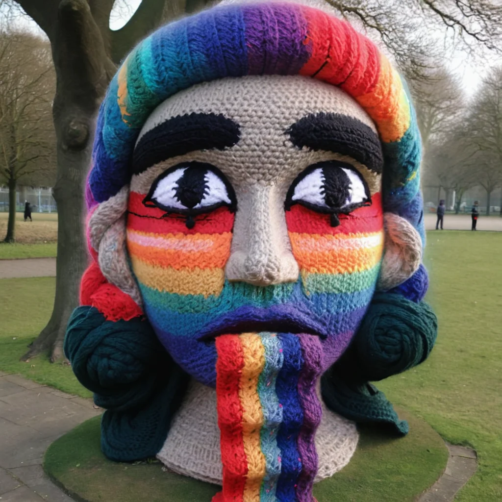 giant ukj style female face, statue, in a park, knitted yarn rainbow stream, best quality, <lora:rainow_sdxl_ukjstyle_v111602-000003:0.85>