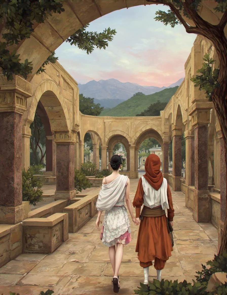 <lora:ck-LttleGhost-000011.safetensors:1> in the style of ck-lttlegh0stThe artwork depicts a serene courtyard scene featuring two figures in traditional attire walking hand-in-hand amidst aged stone tiles and ornate archways. The background features a soft-focus rendering of distant mountains, trees, and sky, while the color palette is warm and muted, focusing on earth tones and rich textiles.