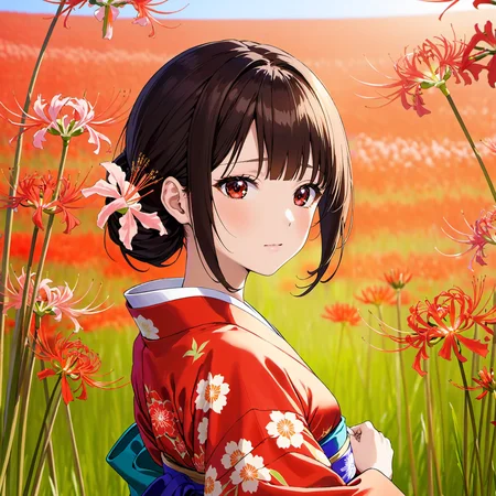 8k, UHD, beautiful face, beautiful fair skin, beautiful background, grasslands, Higanbana are blooming all over, flower, bloom, BREAK
japanese girl, solo, standing, kimono and obi sash, cowboy shot, black hair, black eyes, <lora:higanbanaXL:1>