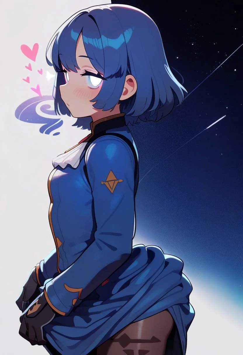 PonyScores7, score_9, score_8_up, score_7_up, Score_6_up, Score_5_up, Score_4_up,  source_anime, hi res, masterpiece, best quality, detailed, amazing quality, detailed background, detailed eyes, clean eyes, best quality, highres, Brittle_PS, 1girl, black pantyhose, blue dress, blush, dress, frills, from side:0.2, gloves, heart, long sleeves, night, night sky, pantyhose, skirt hold, sky, solo, sparkle, star (sky), starry sky, starry sky print, simple background, white background, looking at viewer, close up, detailed, from above, close up:0.4