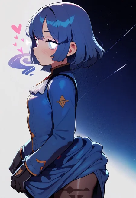 PonyScores7, score_9, score_8_up, score_7_up, Score_6_up, Score_5_up, Score_4_up,  source_anime, hi res, masterpiece, best quality, detailed, amazing quality, detailed background, detailed eyes, clean eyes, best quality, highres, Brittle_PS, 1girl, black pantyhose, blue dress, blush, dress, frills, from side:0.2, gloves, heart, long sleeves, night, night sky, pantyhose, skirt hold, sky, solo, sparkle, star (sky), starry sky, starry sky print, simple background, white background, looking at viewer, close up, detailed, from above, close up:0.4