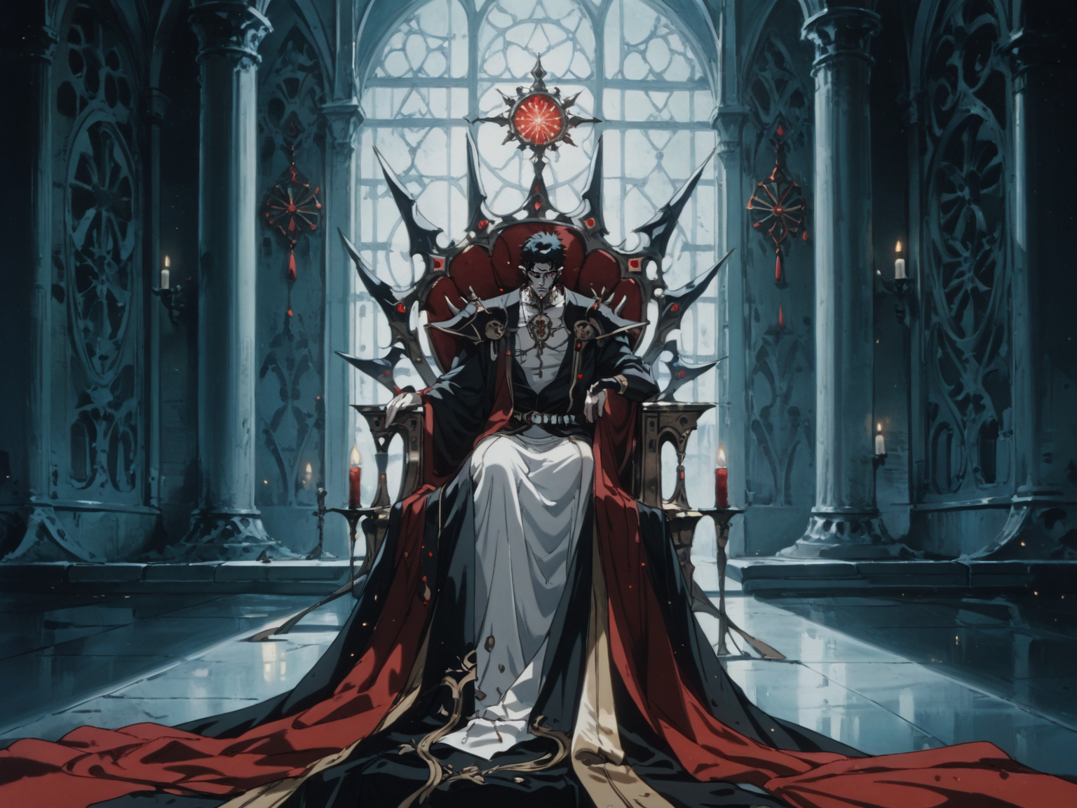 adult man, male focus, elf, short black hair, red eyes, pale skin body, sitting on throne, dark throne room, bard outfit, solo, indoors, night, <lora:ScrollD:0.8>, score_9, score_8_up, score_7_up, zPDXL3