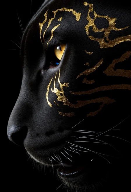 The extreme macro photo captures a fearsome black panther's left eye, bathed in a dark and inky contrast. Its piercing pure gold eyes and sharp teeth are visible in the background. The panther's dark fur, matted and messy around the eye due to the spray paint, contrasts dramatically with the metallic gold markings that adorn its face, particularly around and over the eye, resembling scales or armor. The spray paint gives the markings a wet, messy appearance. The photo is highly detailed and intricate.
 perfection style,mad-cybranmls