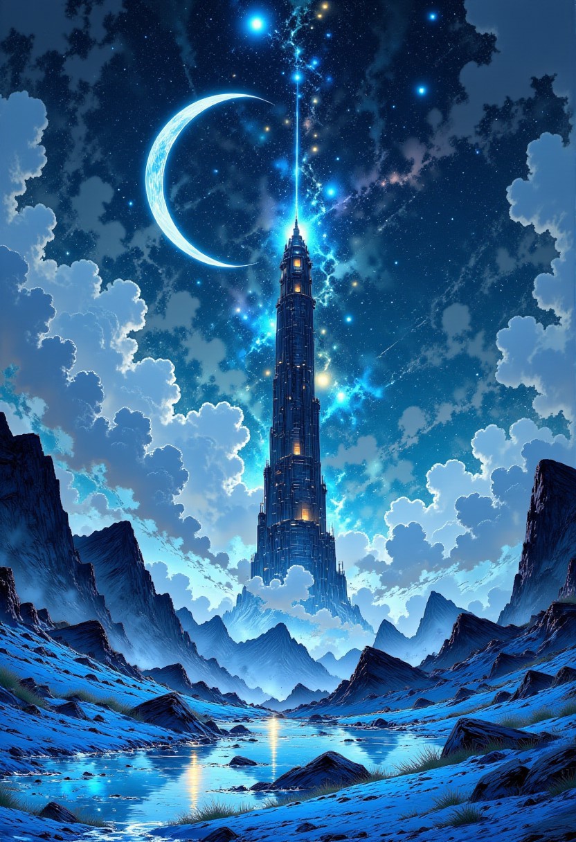The Moonlit Desert 🌙�﷿️
A vast desert of soft blue sand, its dunes shifting like waves under an eternal crescent moon. Towers of glass rise from the horizon, their reflections shimmering like mirages of forgotten worlds.