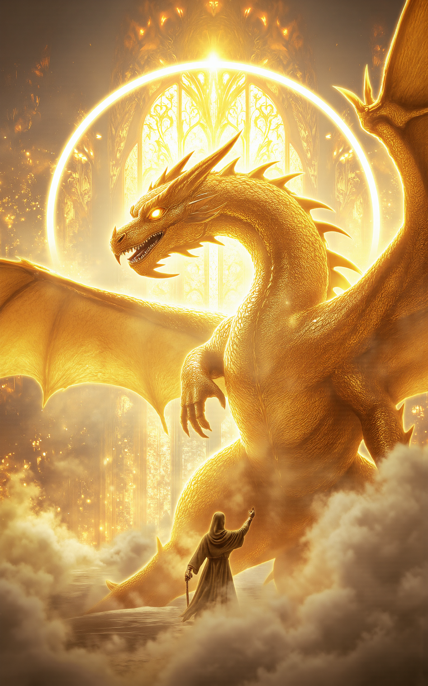 A colossal golden dragon with radiant scales and glowing white eyes stands gracefully before the Gates of Heaven,its wings wide open like stained-glass windows reflecting celestial light. The gates are pure white and gold,inscribed with divine symbols,surrounded by soft clouds and glowing halos. Heavenly style,vivid light,glowing atmosphere,high contrast with radiant golds and whites.,<lora:aidmaMJ6.1_v0.5_3:0.5>,aidmaMJ6.1,<lora:detailifier_sd3.5:1>,detailifier,<lora:klordoftherings-01:0.6>,klordoftherings,