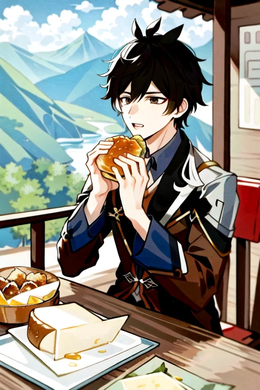 zhongli, brown jacket, eating a hamburger, nom hamburger, <lora:HamburgeranimeV1:0.6>, half bitten, outside, mountains, cheese, two hands, solo, <lora:zhongliLoraCollection_zhongliHard:1>