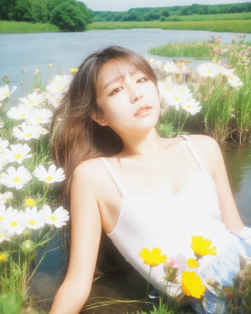 overexposure, 1girl, lying on river, flowers,   <lora:è¿åº¦æåT1:0.8>