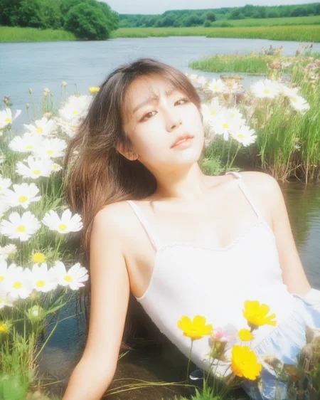 overexposure, 1girl, lying on river, flowers, <lora:è¿åº¦æå
T1:0.8>