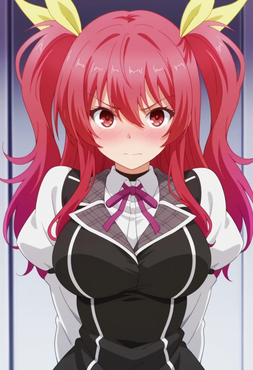 masterpiece,best quality,amazing quality, stella vermillion, long hair, crimson hair, crimson eyes, 1girl, solo, blush,  purple ribbon, two side up, long sleeves, looking at viewer, upper body, ribbon